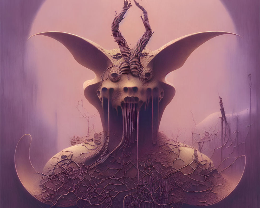 Fantasy creature with horns and tentacles in purple setting with circular frame.