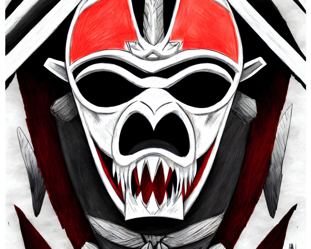 Symmetrical Red and Black Mask with Sharp Teeth and Horn
