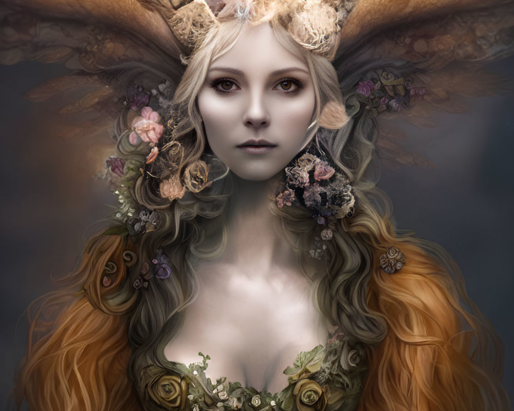 Mystical woman with antlers and floral adornments in digital portrait