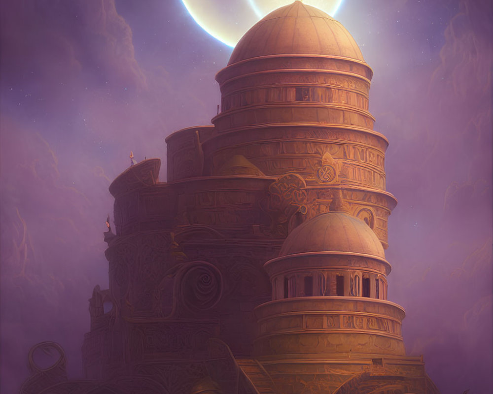 Fantasy palace with ornate domes under glowing full moon in mystical purple haze