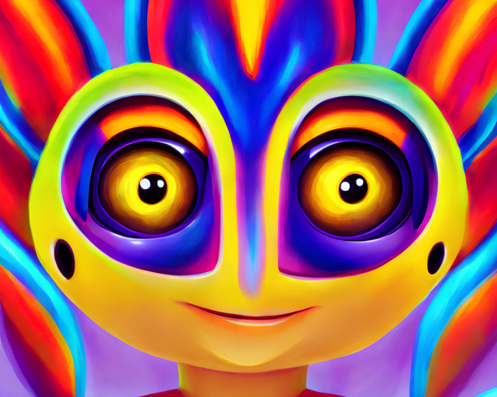Character illustration with expressive eyes, vibrant feathers, and whimsical grin