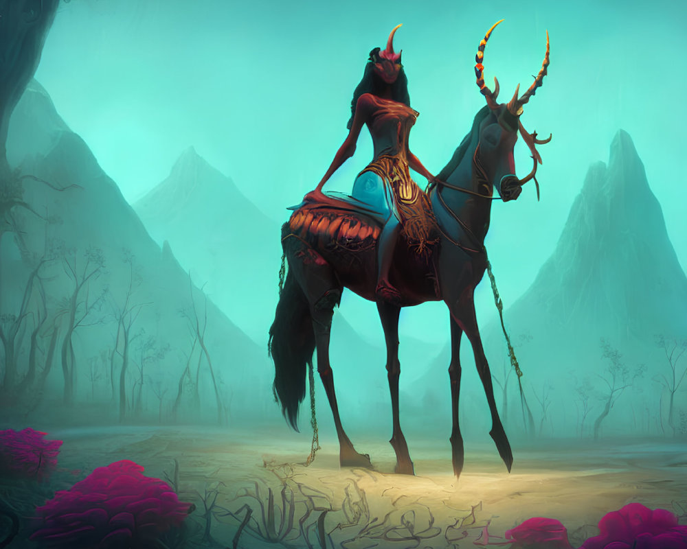 Mystical figure in red cloak on ghostly horse in eerie forest