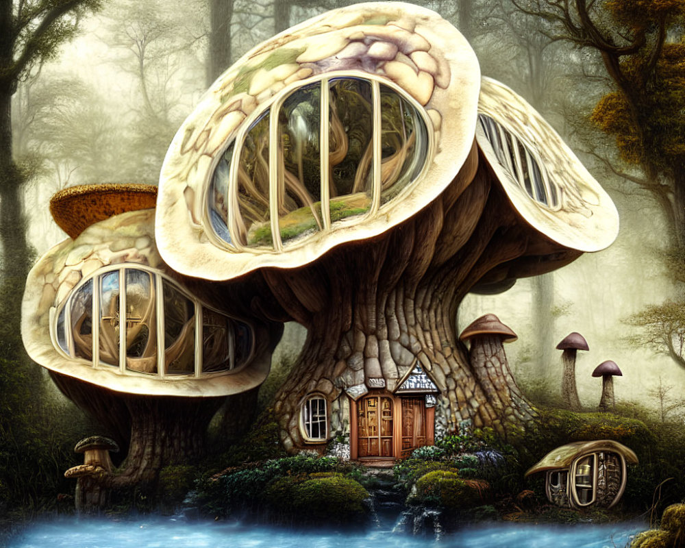 Fantasy mushroom house in mystical forest with river
