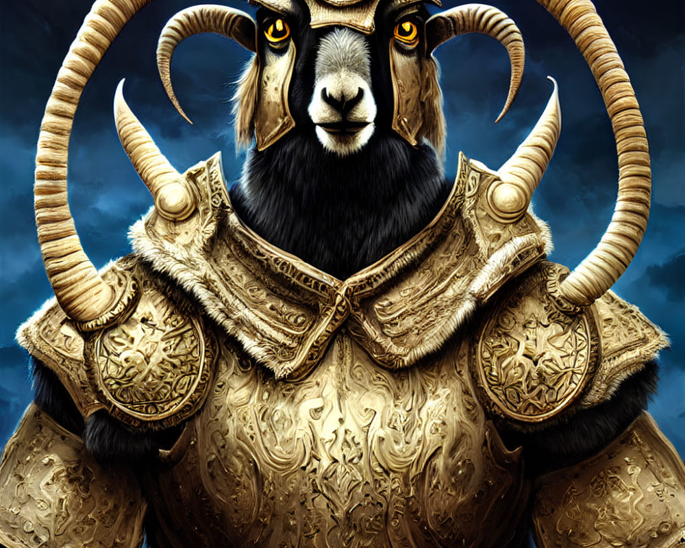 Anthropomorphic goat in golden armor under moody blue sky