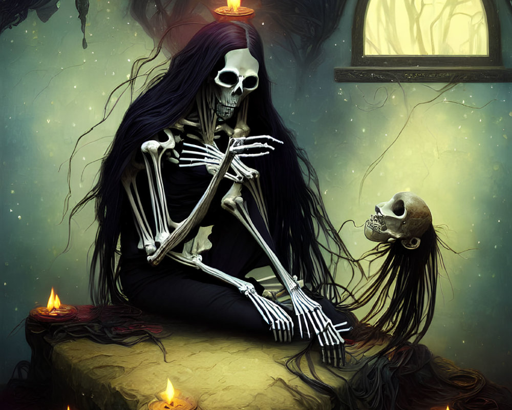 Skeletal figure with long hair holding skull in dim, eerie room