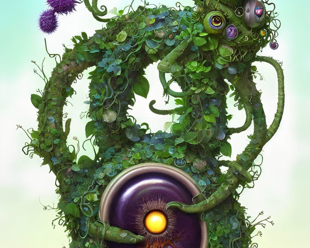 Whimsical creature with green vines and central eye on soft background