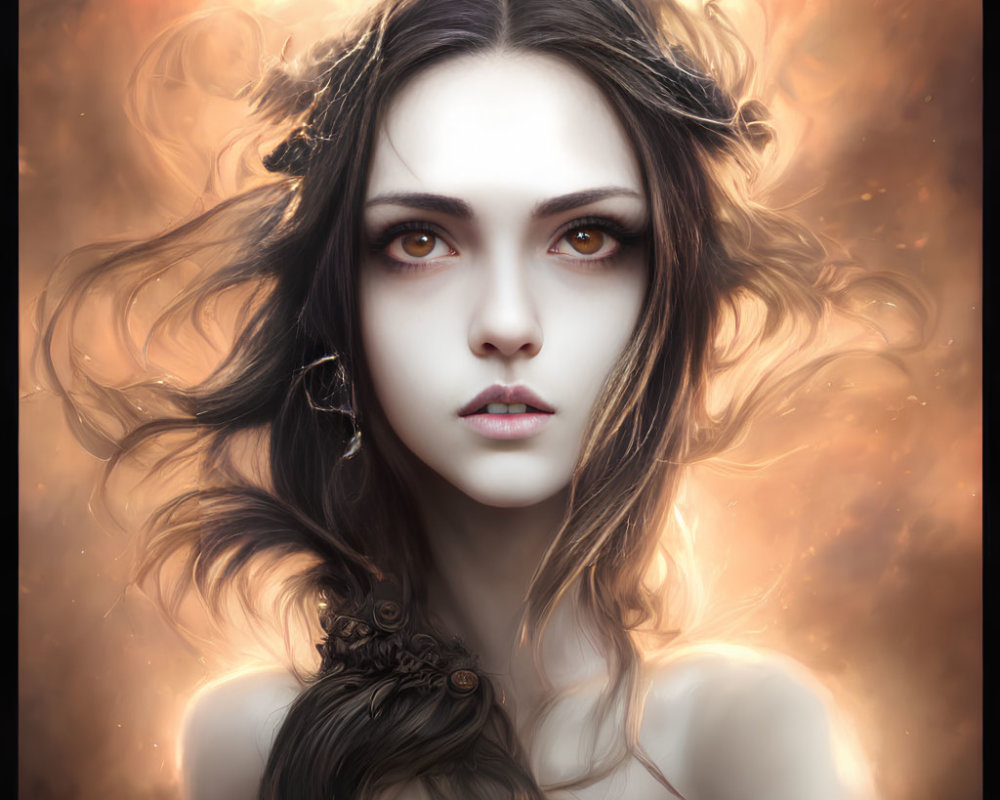 Intense-eyed woman with dark hair and feathers in fiery backdrop