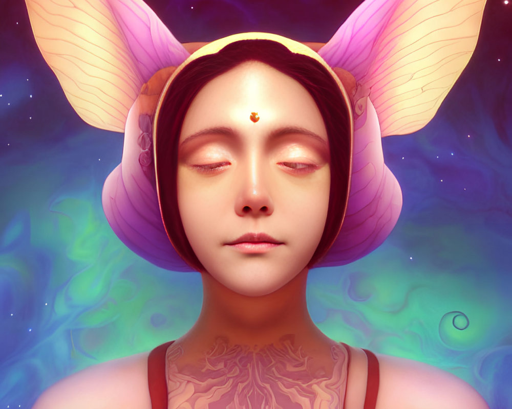 Person with closed eyes, elf-like ears, ornate mark, and neck tattoo in cosmic setting