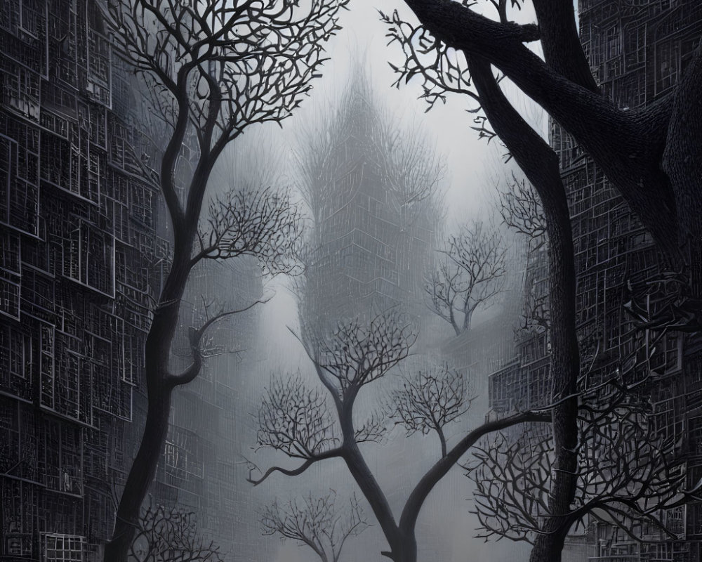 Foggy scene with silhouetted trees and dark buildings