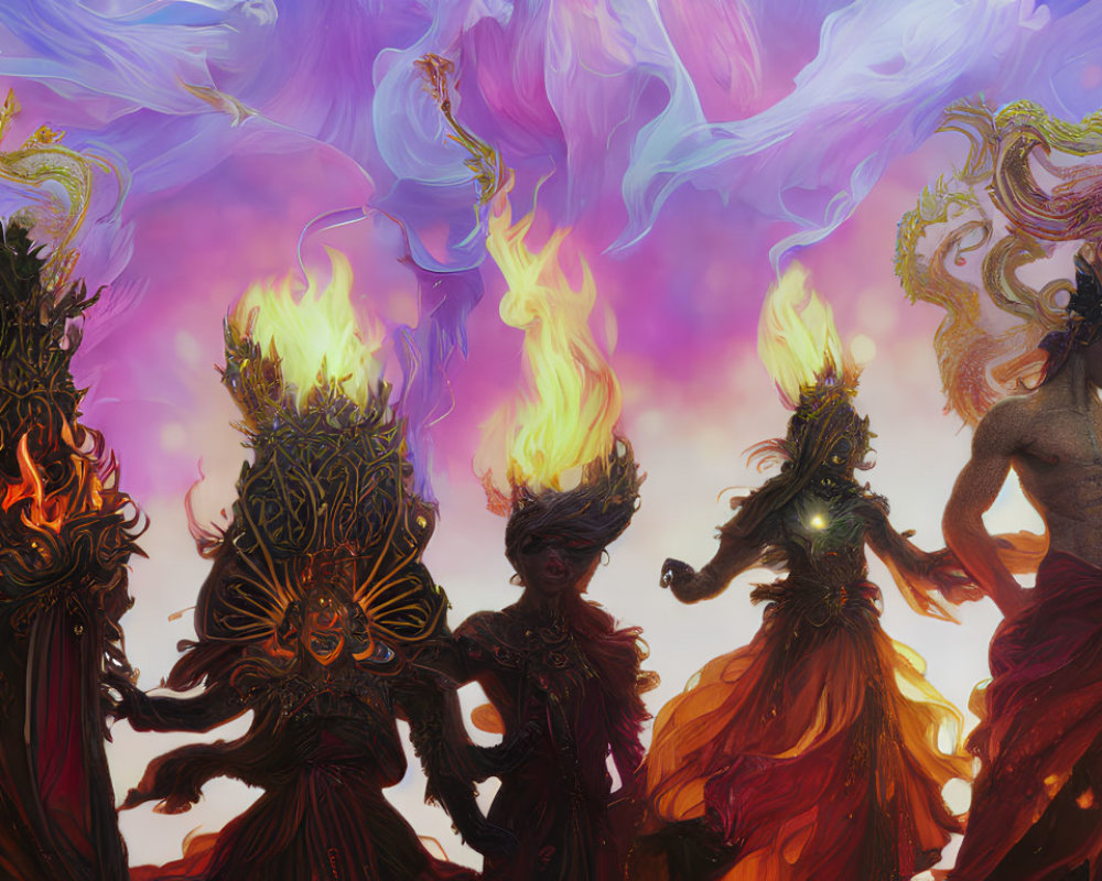 Colorful illustration: Five fire beings with ornate headpieces dancing in ethereal smoke