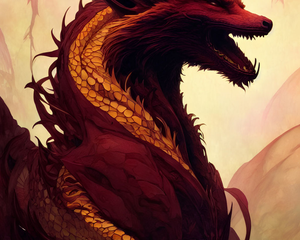 Fantasy dragon with red fox features in misty setting