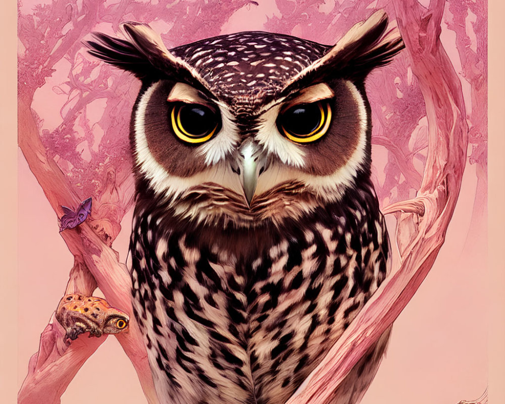 Illustrated owl with yellow eyes on branch in pink forest with frog and butterfly