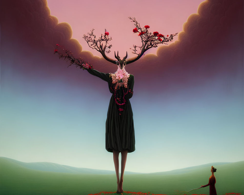 Surreal image of person with tree branches for arms in field under ombre sky