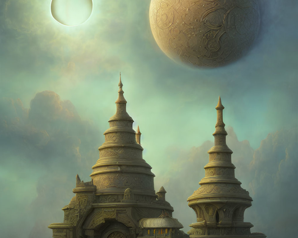 Ancient ornate temples under surreal sky with eclipse and mysterious floating orb