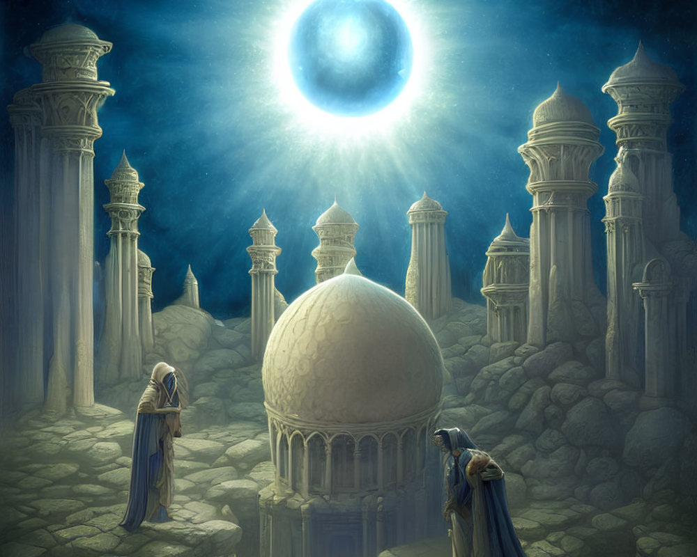 Mystical scene with robed figures near ancient dome and pillars