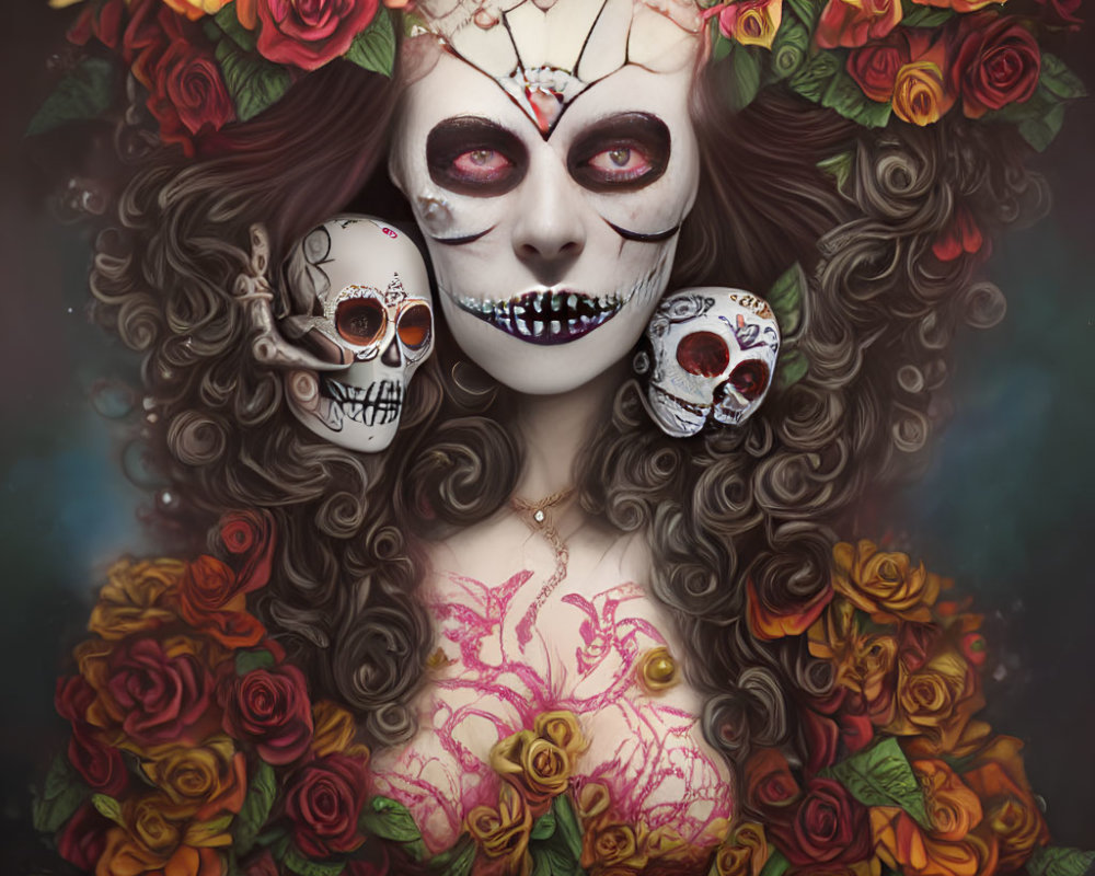 Extravagant Day of the Dead makeup with skull masks and roses on dark hair