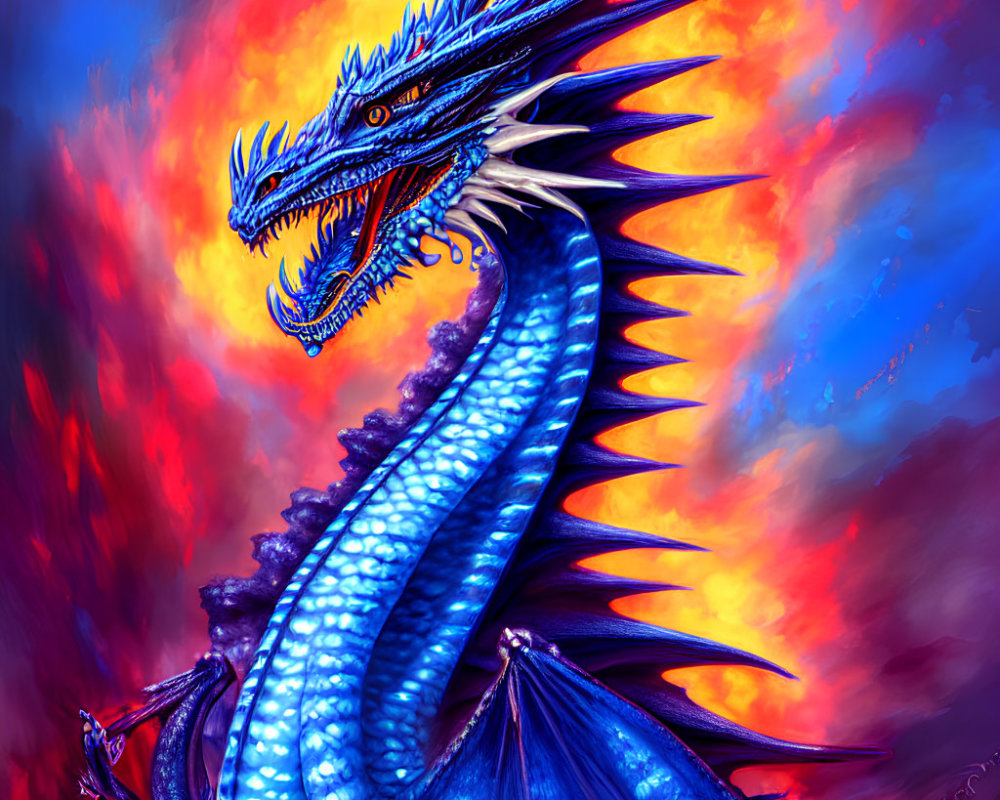 Detailed Blue Dragon Against Fiery Background