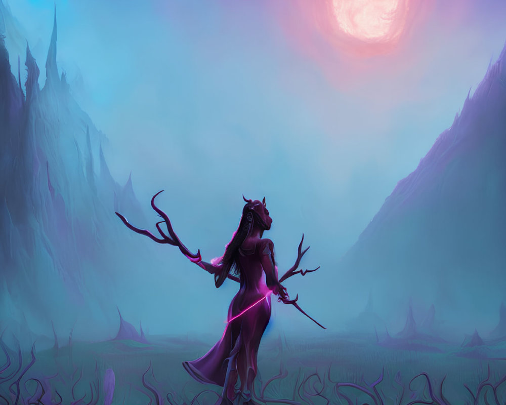 Mystical humanoid with horse head in purple landscape