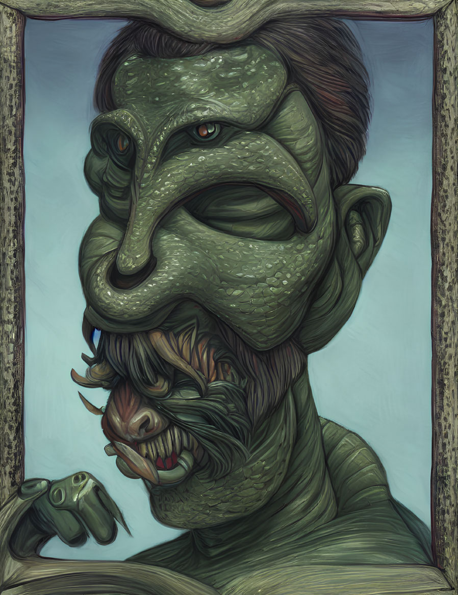 Illustration of man facing monstrous reflection in mirror showing split personalities or inner demons