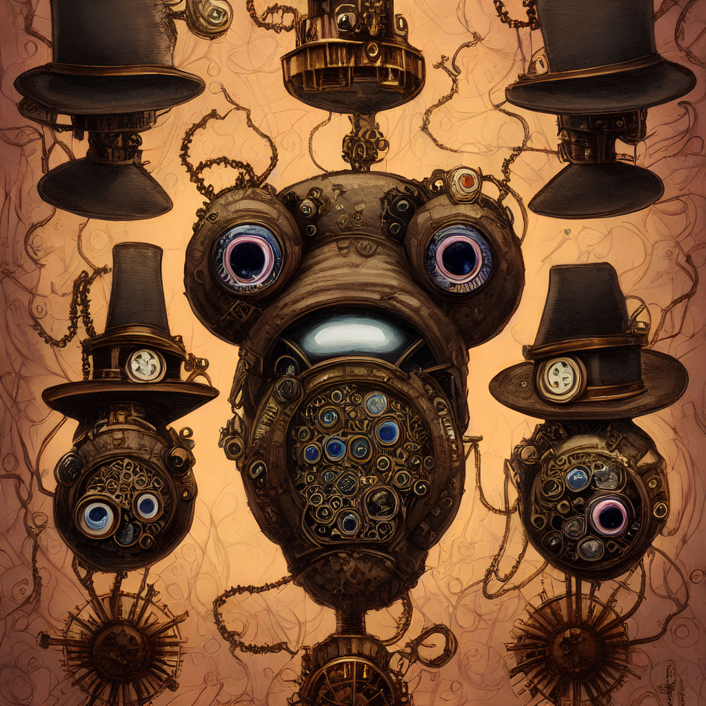 Steampunk mechanical owls with top hats and goggles in sepia-toned setting