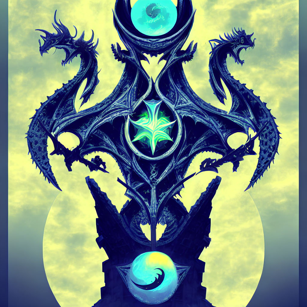 Symmetrical dragon artwork with glowing symbol on moonlit sky background