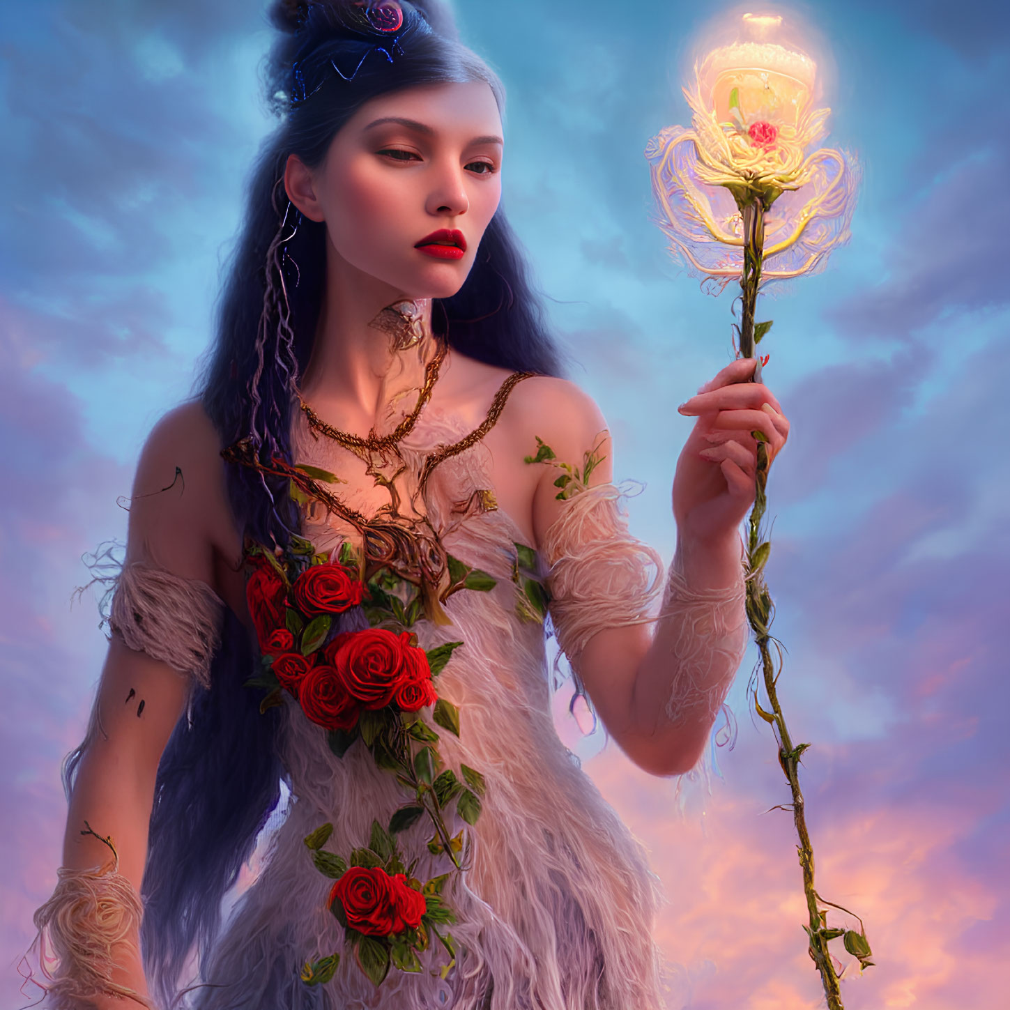 Fantasy-themed woman with illuminated flower staff in dusk sky.