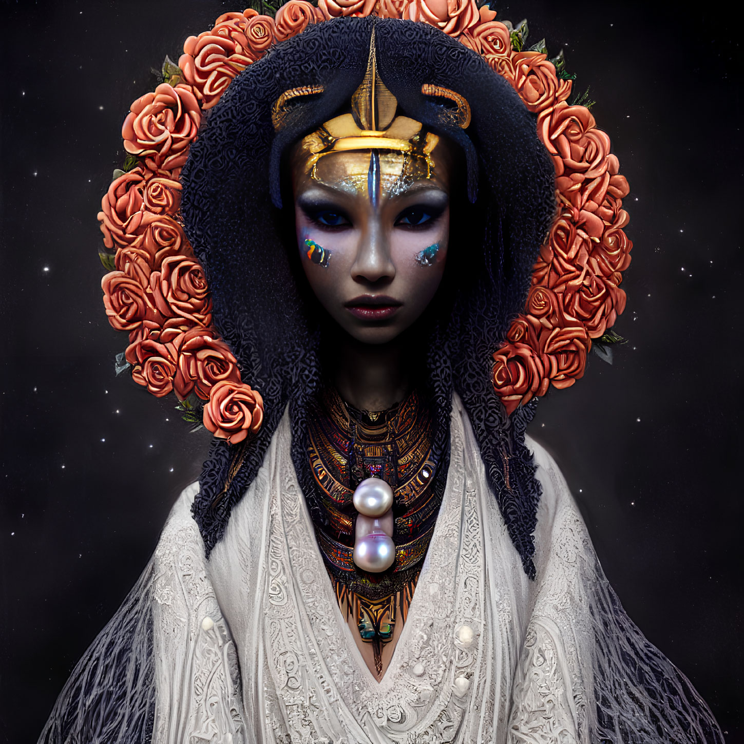 Digital artwork featuring woman with elaborate headdress and jewelry against starry backdrop