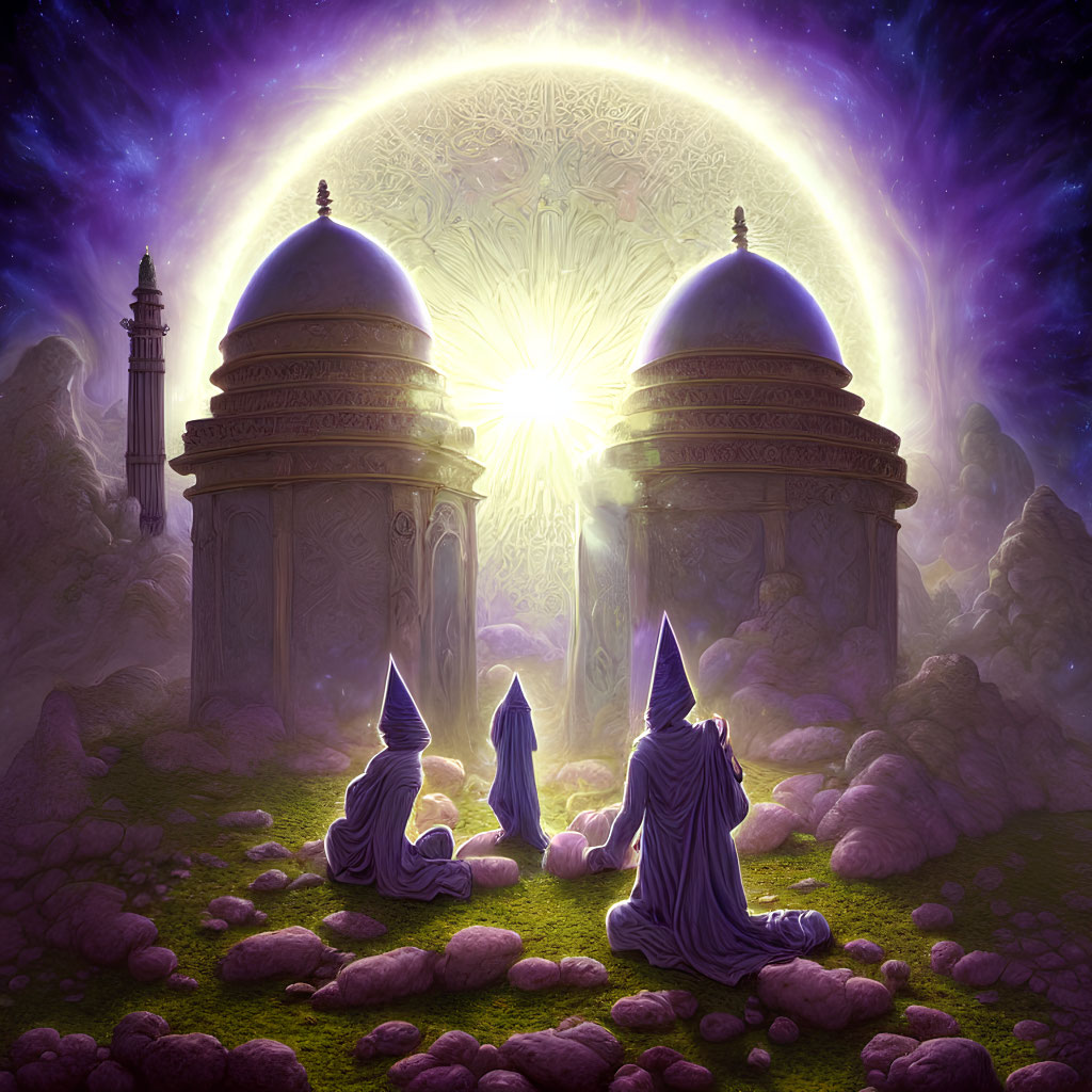Three Robed Figures Before Glowing Portal in Mystical Landscape