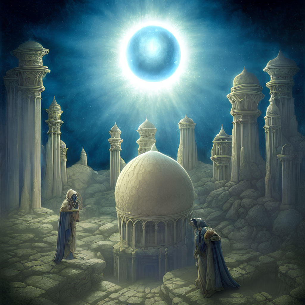 Mystical scene with robed figures near ancient dome and pillars