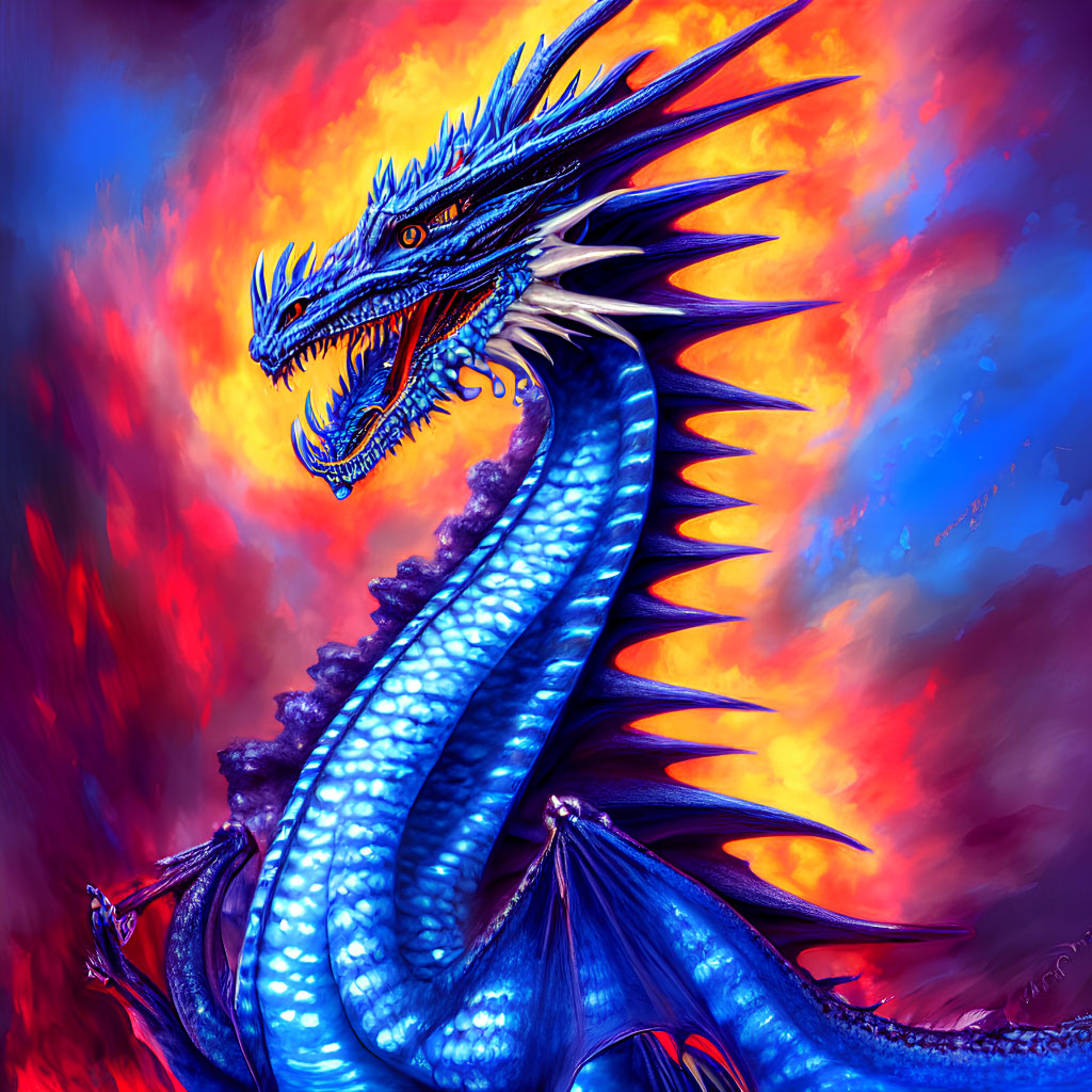 Detailed Blue Dragon Against Fiery Background