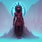 Mystical female figure with elaborate horns and tribal markings in ethereal blue landscape