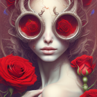 Surreal portrait featuring cracked skin, red-eyed glasses, and intertwined red flowers.