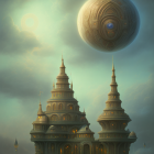 Ancient ornate temples under surreal sky with eclipse and mysterious floating orb