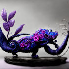 Whimsical purple tentacled creatures with intricate patterns and eyes on shadowy background