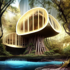 Fantasy mushroom house in mystical forest with river