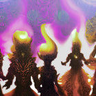 Colorful illustration: Five fire beings with ornate headpieces dancing in ethereal smoke