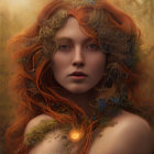 Portrait of Woman with Golden Hair and Leaves Exuding Autumnal Forest Spirit