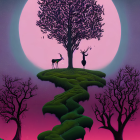 Surreal landscape with purple trees, deer, pink moon, and floating island