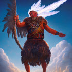 Stylized indigenous warrior with eagle wings, staff, and clouds.