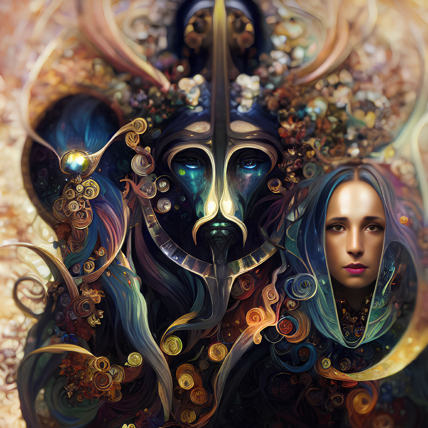 Surreal digital artwork: Woman's face merges with ornate mask amid golden swirls