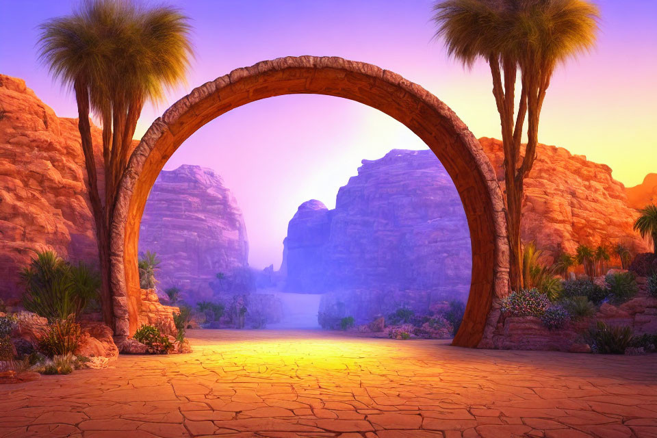 Desert scene framed by palm trunk arch under colorful sky