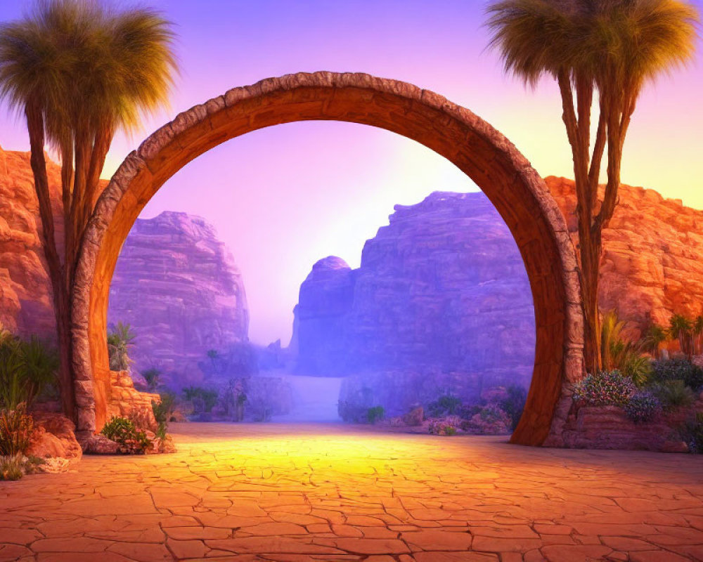 Desert scene framed by palm trunk arch under colorful sky