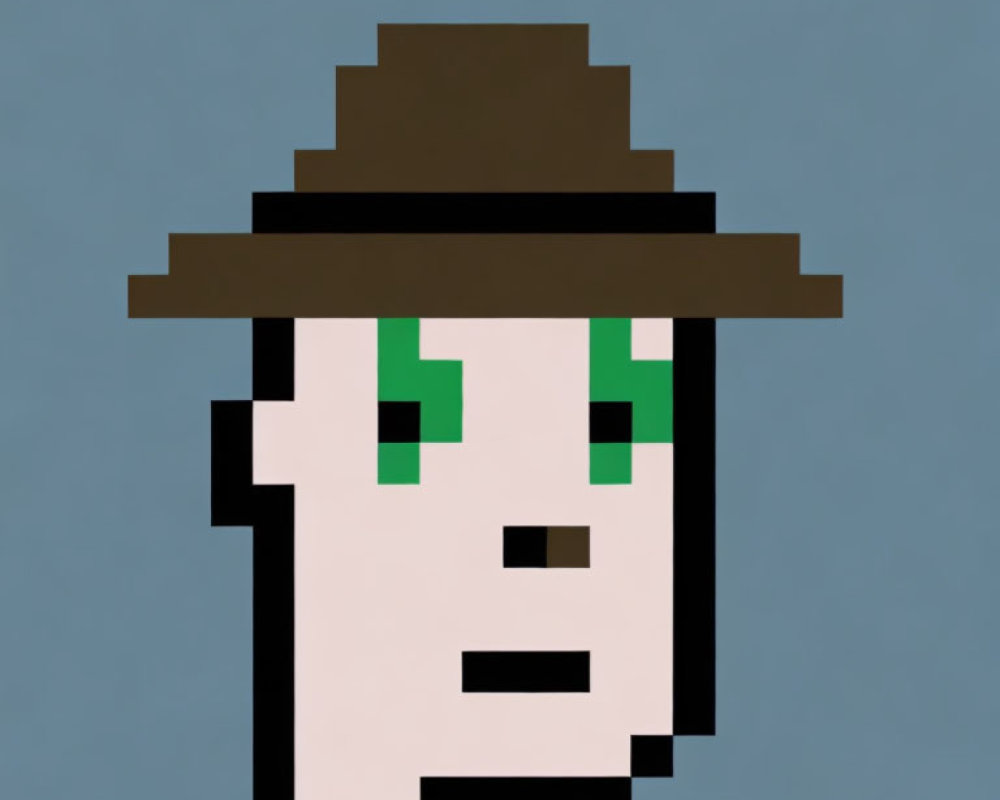 Character pixel art: Green-eyed, brown-hatted, surprised expression on blue background