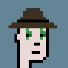 Character pixel art: Green-eyed, brown-hatted, surprised expression on blue background
