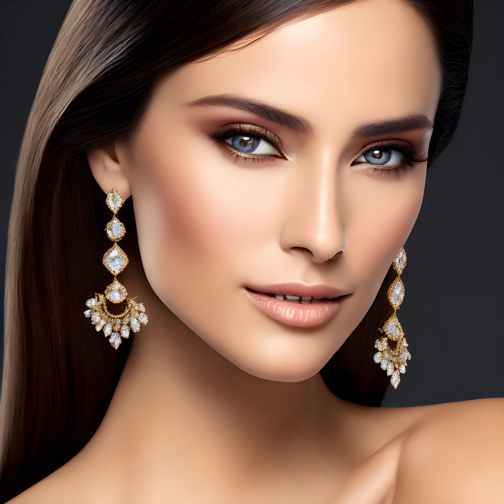 Brown-haired woman with smokey eye makeup and diamond earrings on dark background