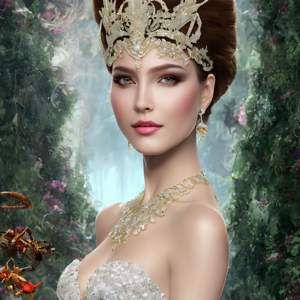 Digital portrait of woman with golden tiara and jewelry on floral background