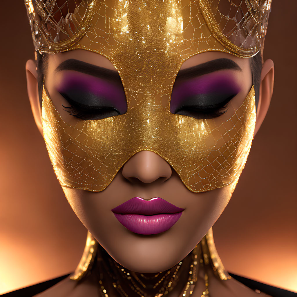Detailed Close-Up of Person in Luxurious Golden Mask with Purple Eyeshadow and Plum Lipstick