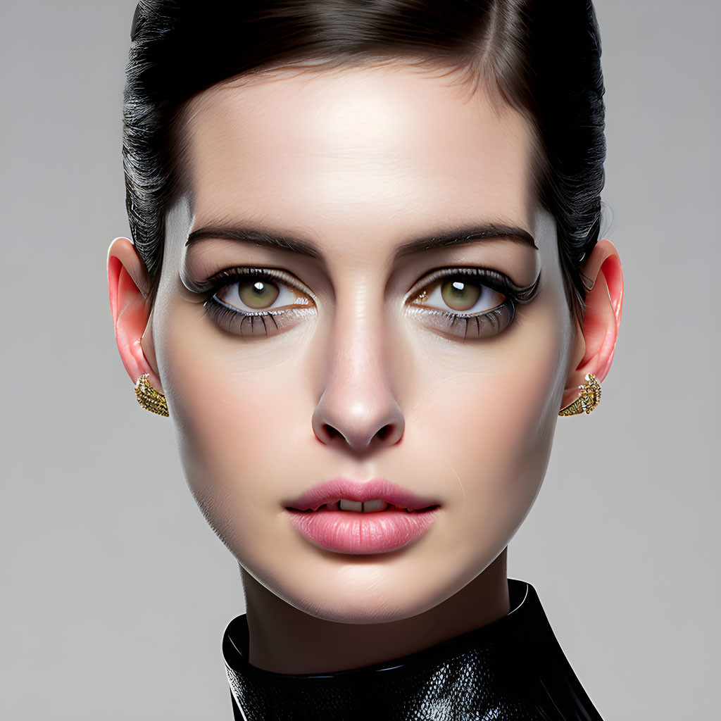 Stylized portrait of woman with sleek hair and gold earrings
