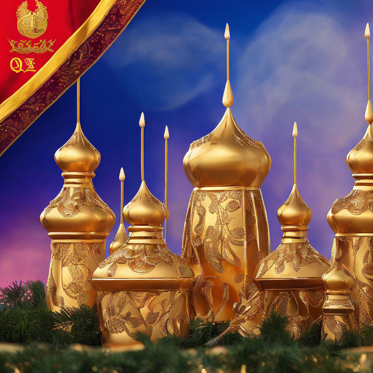 Festive golden onion domes with candles and evergreen branches on red background