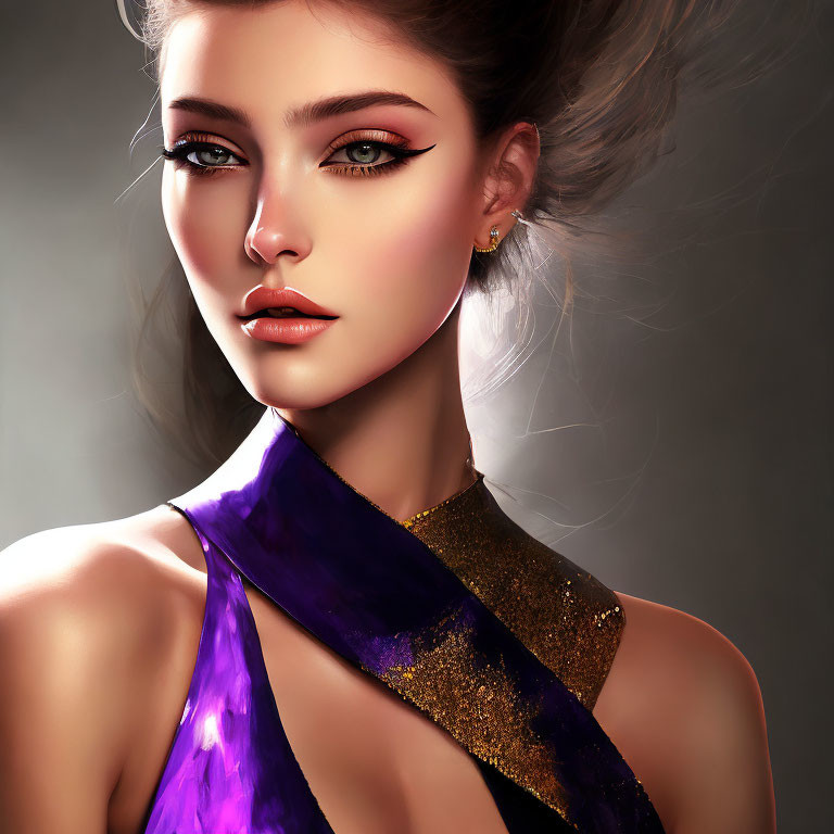 Stylized digital portrait of a woman with flowing hair and purple-gold scarf